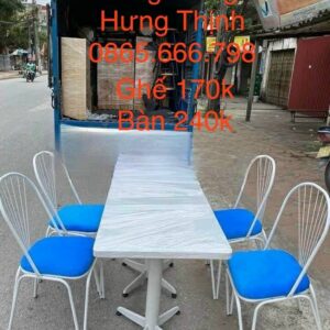 Bộ bàn ghế sắt sơn trắng nệm xanh dương