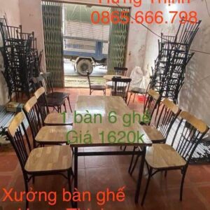 Bộ bàn ghế gỗ khung sắt 1 bàn 6 ghế