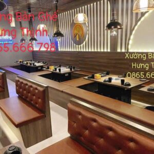 Bộ băng ghế da nâu chần bông bàn nướng âm bàn
