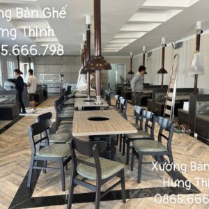Bộ ghế nệm xanh rêu bàn nướng âm bàn