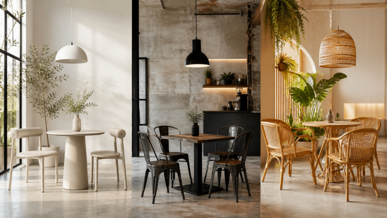 Top xu hướng bàn ghế quán cafe 2026: tối giản, industrial, mây tre đan